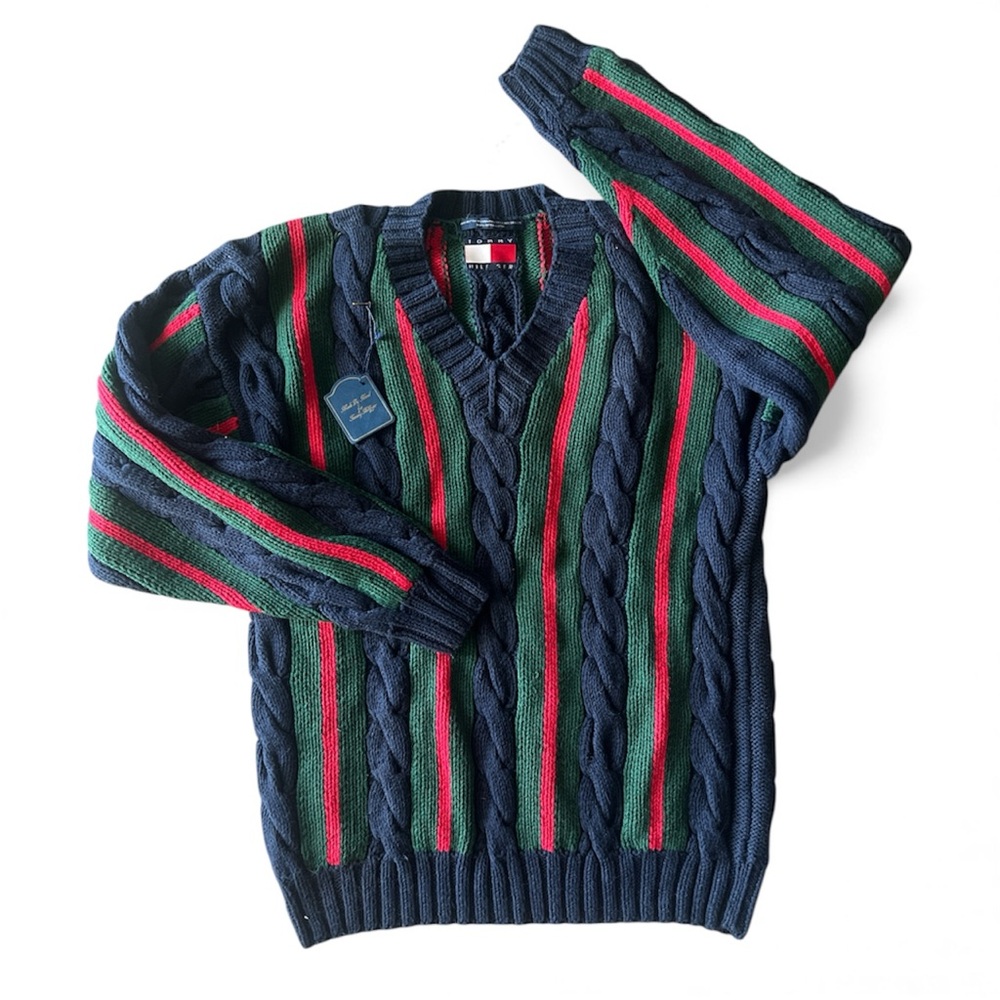 Tommy Hilfiger V-Neck Sweater in Navy, Green, and Red